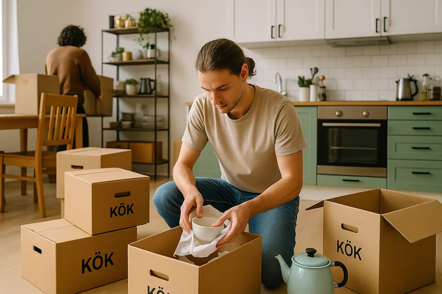 Person som packar ihop sina saker i ett kollektiv med gemensamt kök